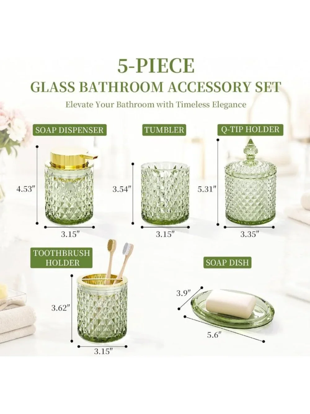 Stylish 5-Piece Green Glass Bathroom Accessory Set for Vanity Decor